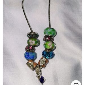 Lampwork Necklace Vintage Blu Green Pink Ceramic/Glass-9" Saphire Colored Stone
